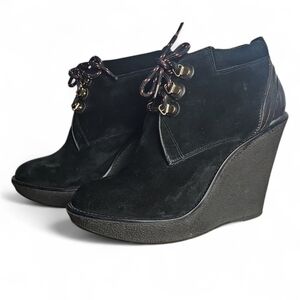 Burberry Watkins Wedge Ankle Boots Black Suede Leather LaceUp Women's EU39.5 US9
